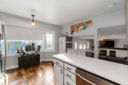 Kitchen featuring stainless steel appliances, white cabinets, dark wood-style flooring, and light stone countertops - 
