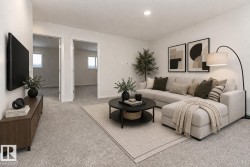 Living area with light-colored carpeting, a recessed ceiling light, and white walls - 