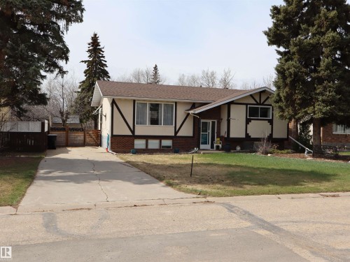 Tudor-style exterior with a brown shingle roof and contrasting dark trim - 5220 - 56 Street, Barrhead, AB - Outdoor With Facade