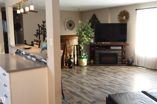 Living room with dark wood finished floors and a fireplace - 5220 - 56 Street, Barrhead, AB - Indoor Photo Showing Living Room With Fireplace