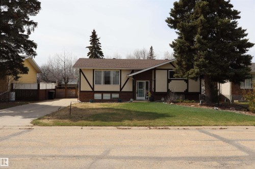Bungalow-style residence featuring a two-tone facade with dark brick and cream paneling, a gabled roof, and a mature evergreen tree - 5220 - 56 Street, Barrhead, AB - Outdoor