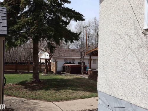 Spacious backyard featuring a large evergreen tree, a wood-paneled privacy fence, a wooden deck structure, a white outbuilding with a brown roof, and a concrete pathway - 5220 - 56 Street, Barrhead, AB - Outdoor