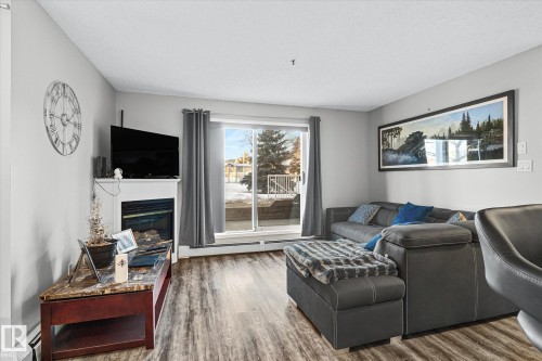 141 17447 98A Avenue, Edmonton, AB - Indoor Photo Showing Living Room With Fireplace