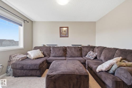 Carpeted living area with a textured ceiling - 3087 Arthurs Crescent, Edmonton, AB - Indoor Photo Showing Living Room