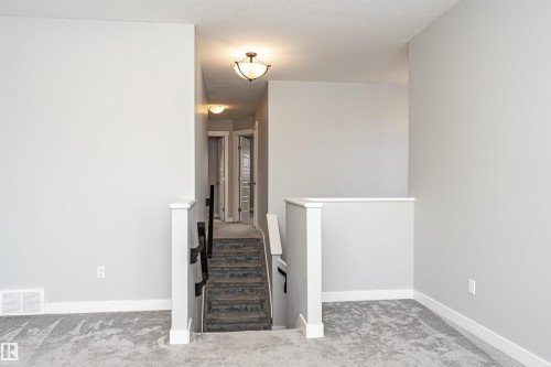 Staircase with carpet floors and baseboards - 6963 19A Avenue, Edmonton, AB - Indoor Photo Showing Other Room