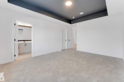 Empty room featuring a tray ceiling, light carpet, and recessed lighting - 