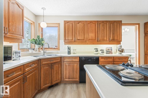 Kitchen with wood finish cabinets, light countertops, black appliances, hanging light fixtures, and a textured ceiling - 121 Weaver Drive, Edmonton, AB - Indoor Photo Showing Kitchen With Double Sink