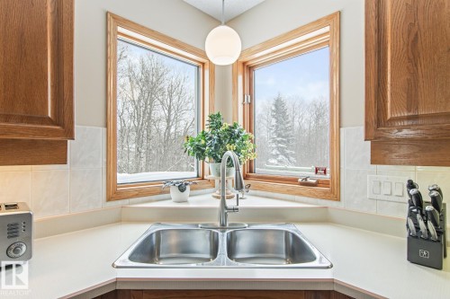 Kitchen view of light countertops, pendant lighting, and wood finish cabinetry - 121 Weaver Drive, Edmonton, AB - Indoor Photo Showing Kitchen With Double Sink