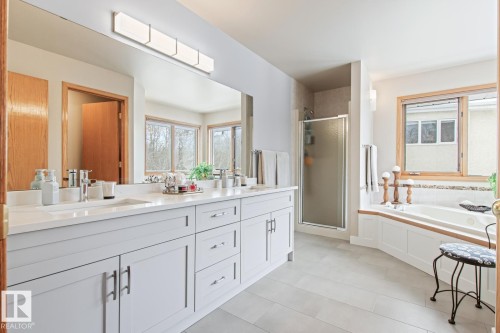 Bathroom with a shower stall, a garden tub, double vanity, and healthy amount of natural light - 121 Weaver Drive, Edmonton, AB - Indoor Photo Showing Bathroom