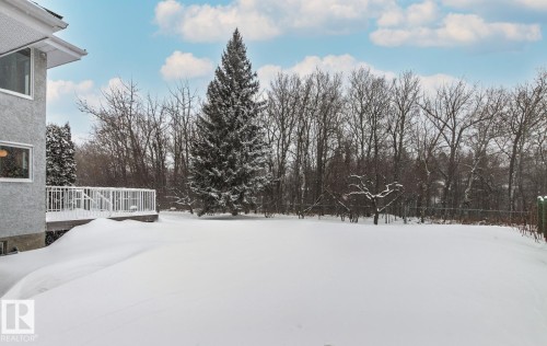 Yard covered in snow with a wooden deck - 121 Weaver Drive, Edmonton, AB - Outdoor