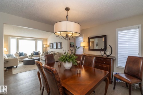 Dining room with wood-type flooring and suspended lighting - 932 110A Street, Edmonton, AB - Indoor Photo Showing Dining Room
