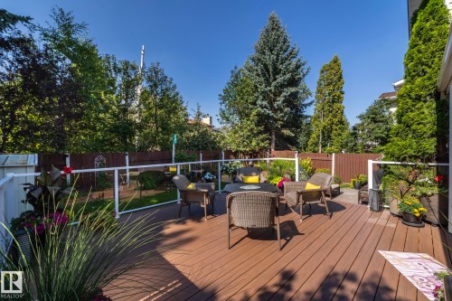 Wooden terrace featuring a fenced backyard and outdoor lounge area - 932 110A Street, Edmonton, AB - Outdoor With Deck Patio Veranda