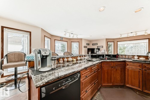 Kitchen featuring dark stone counters, dishwasher, wood finish cabinets, and track lighting - 777 Butterworth Drive, Edmonton, AB - Indoor Photo Showing Kitchen With Double Sink