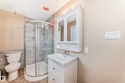 Bathroom with vanity, a shower stall, and a textured ceiling - 38 Lancaster Crescent, St. Albert, AB - Indoor Photo Showing Bathroom