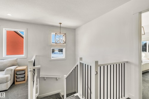 Stairway featuring carpet floors, hanging lights, and a textured ceiling - 11 Promenade Point(E), Beaumont, AB - Indoor
