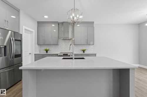 Kitchen featuring gray cabinets, stainless steel appliances, and light wood finished floors - 3224 160 Street, Edmonton, AB - Indoor Photo Showing Kitchen With Upgraded Kitchen