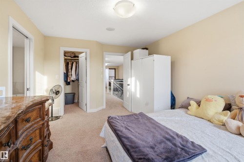 Bedroom with light colored carpet and a walk in closet - 2923 16 Street, Edmonton, AB - Indoor Photo Showing Bedroom