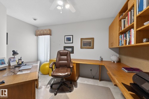 Home office with a ceiling fan and a textured ceiling - 313 Hedley Way, Edmonton, AB - Indoor Photo Showing Office