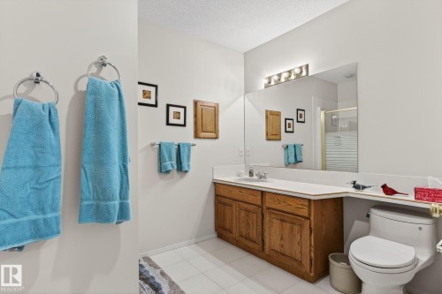 Bathroom featuring vanity, a shower stall, light tile patterned floors, and a textured ceiling - 313 Hedley Way, Edmonton, AB - Indoor Photo Showing Bathroom