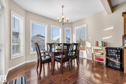 Dining room with wine cooler, dark wood finished floors, hanging lights, and beam ceiling - 1734 63A Street, Edmonton, AB - Indoor Photo Showing Dining Room