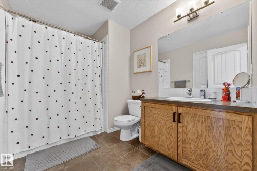Bathroom with vanity, dark tile patterned floors, and a textured ceiling - 1734 63A Street, Edmonton, AB - Indoor Photo Showing Bathroom