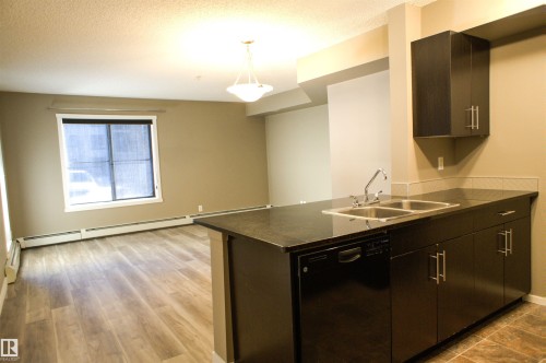 Kitchen featuring dishwasher, decorative light fixtures, a peninsula, a textured ceiling, and baseboard heating - 104 5804 Place Nw, Edmonton, AB - Indoor Photo Showing Kitchen With Double Sink