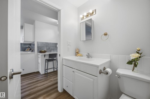 Half bathroom featuring vanity, dark wood-style floors, and decorative backsplash - 2340 30 Avenue, Edmonton, AB - Indoor Photo Showing Bathroom