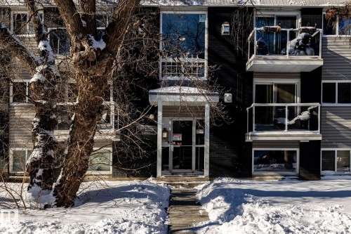 Snow covered property featuring a view of apartment building / complex - 15 10620 122 Street, Edmonton, AB - Outdoor