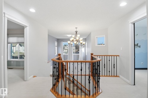 Hall with an upstairs landing, light carpet, suspended lighting, and healthy amount of natural light - 12634 16A Avenue, Edmonton, AB - Indoor Photo Showing Other Room