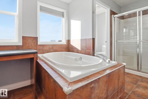 Bathroom with a stall shower, a garden tub, and dark tile patterned floors - 12634 16A Avenue, Edmonton, AB - Indoor Photo Showing Bathroom