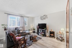 Living area with wood finished floors and a textured ceiling - 