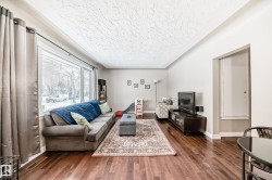 Living room with dark wood-type flooring and a textured ceiling - 