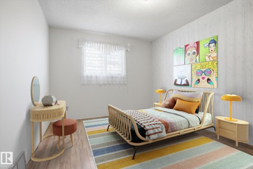 Bedroom featuring wood finished floors, multiple windows, and a textured ceiling - 17816 94 Street, Edmonton, AB - Indoor Photo Showing Bedroom