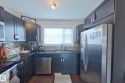 Kitchen with stainless steel appliances, dark countertops, dark wood-type flooring, and decorative backsplash - 