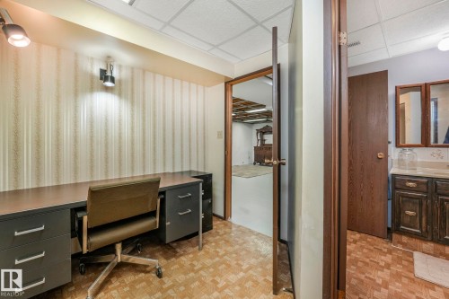 Office featuring a drop ceiling and parquet flooring - 760 Knottwood Road S, Edmonton, AB - Indoor Photo Showing Office