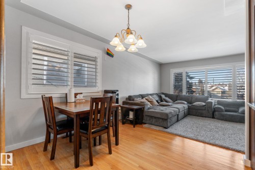 Dining room featuring hanging lights and light wood-style flooring - 9847 79 Street, Edmonton, AB - Indoor
