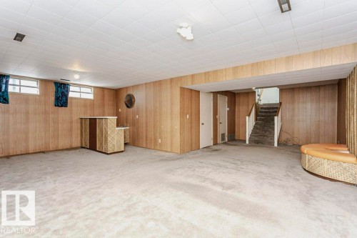 Below grade area with light carpet and wood walls - 6304 131 Street, Edmonton, AB - Indoor Photo Showing Basement