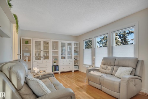 Living area with light wood-type flooring and a textured ceiling - 7075 32 Avenue, Edmonton, AB - Indoor Photo Showing Living Room