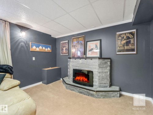 Living area with carpet flooring, a stone fireplace, and a paneled ceiling - 4504 48 Avenue, Onoway, AB - Indoor Photo Showing Other Room With Fireplace