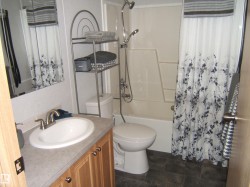 Bathroom featuring vanity, shower / tub combo, and dark stone finish floors - 