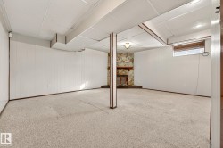 Below grade area featuring wooden walls, carpet, a fireplace, and a paneled ceiling - 
