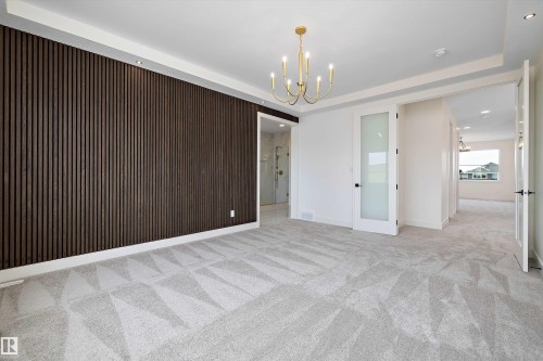 Spare room featuring hanging lights, light carpet, wooden walls, and a raised ceiling - 6871 Knox Loop Sw, Edmonton, AB - Indoor Photo Showing Other Room