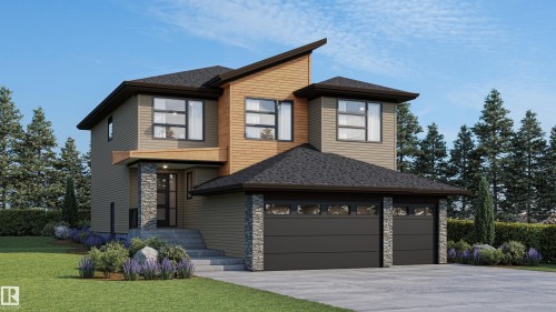 Contemporary home featuring stone siding, roof with shingles, concrete driveway, and a front yard - 718 Elderberry Close Nw, Edmonton, AB - Outdoor