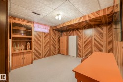 Finished below grade area with light carpet and wooden walls - 
