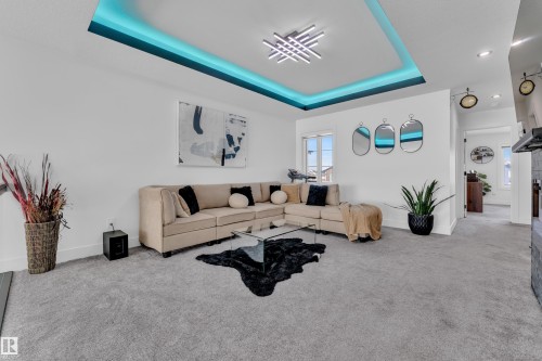 Living room featuring carpet flooring and a raised ceiling - 316 42 Street, Edmonton, AB - Indoor Photo Showing Living Room