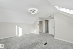 Additional living space featuring lofted ceiling, carpet, and a skylight - 