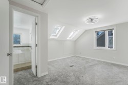 Additional living space with light colored carpet, lofted ceiling, and a skylight - 