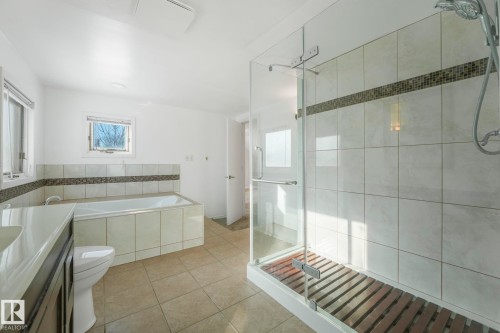 Full bathroom featuring vanity, a shower stall, a garden tub, light tile patterned flooring, and plenty of natural light - 13911 117 Avenue, Edmonton, AB - Indoor Photo Showing Bathroom