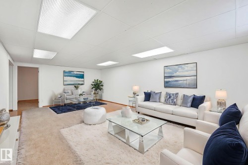 Living room featuring a paneled ceiling and carpet flooring - 13911 117 Avenue, Edmonton, AB - Indoor Photo Showing Living Room