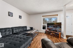 Living room with wood finished floors and a textured ceiling - 